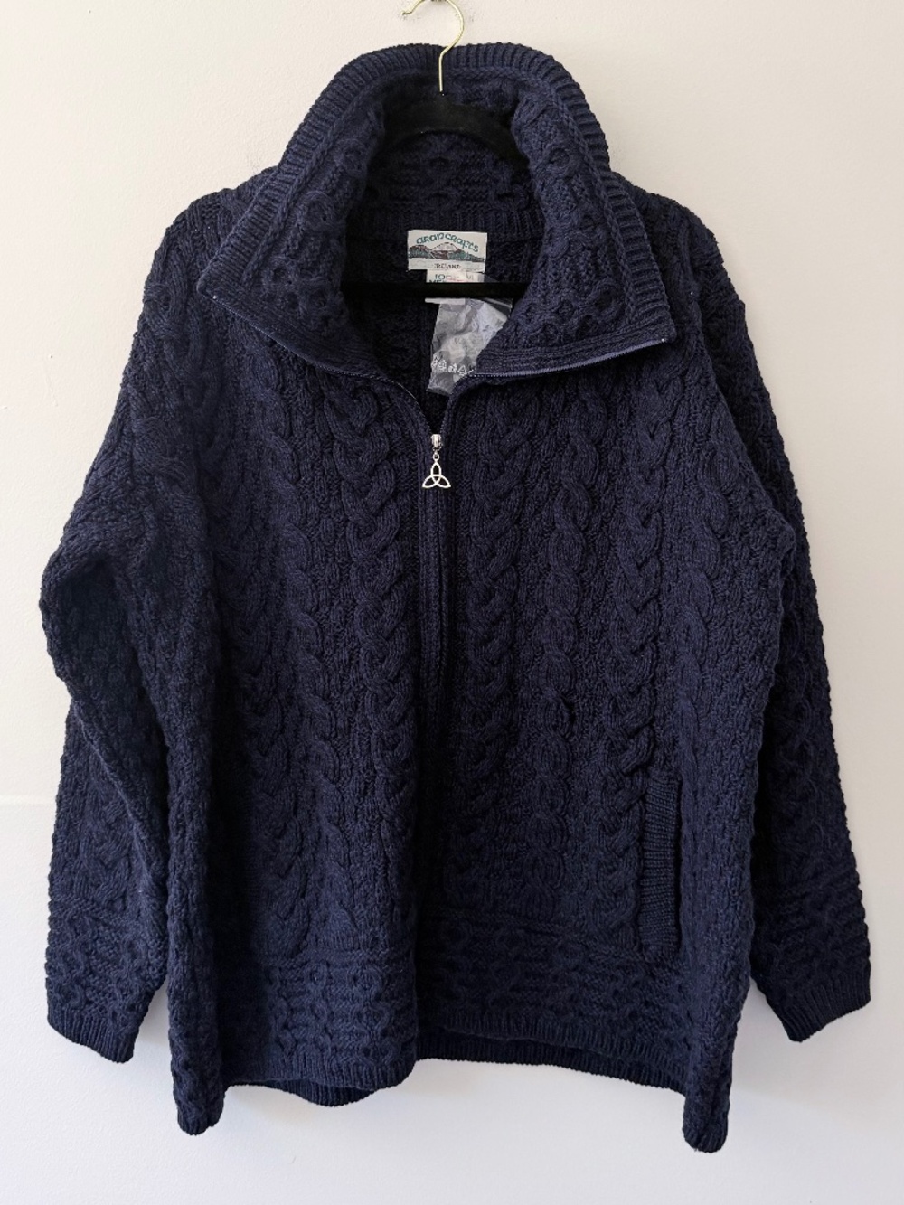 NWT Aran Crafts 100% Merino Wool Navy Cable Knit Zip Cardigan Heavy Wt. Pockets